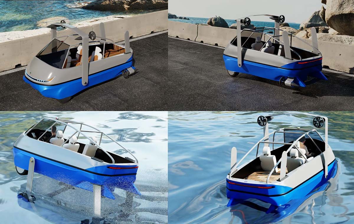 Il triciclo elettrico anfibio viaggia a terra, sull'acqua e sull'acqua