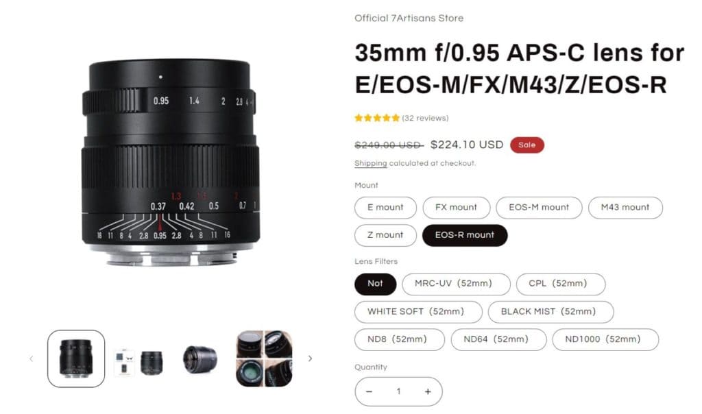 Canon RFマウントのレンズ7artisans 35mm F/0.95を発表