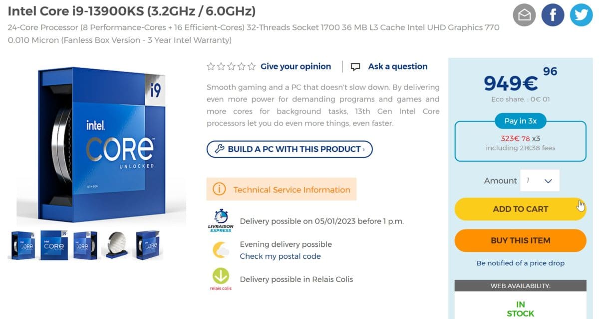L'Intel Core i9-13900KS est vendu 950 euros