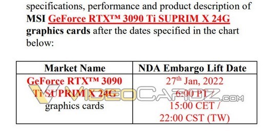 유출된 MSI 문서는 기함 GeForce RTX 3090 Ti가 1월 27일에 출시될 것임을 확인합니다.