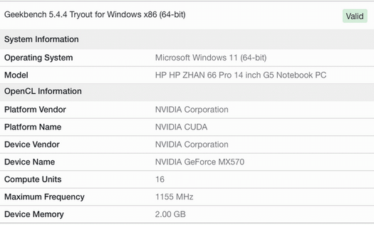 GeForce MX570 est plus rapide que la GeForce GTX 1650 Ti mobile dans le test Geekbench
