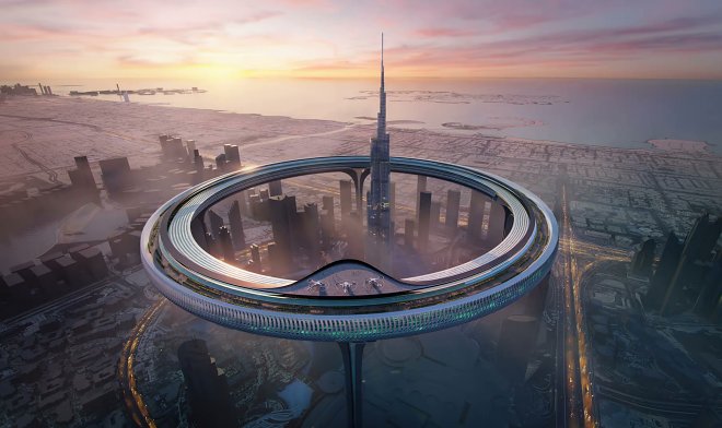 Ein riesiger ringförmiger Wolkenkratzer kann um den Burj Khalifa herum erscheinen